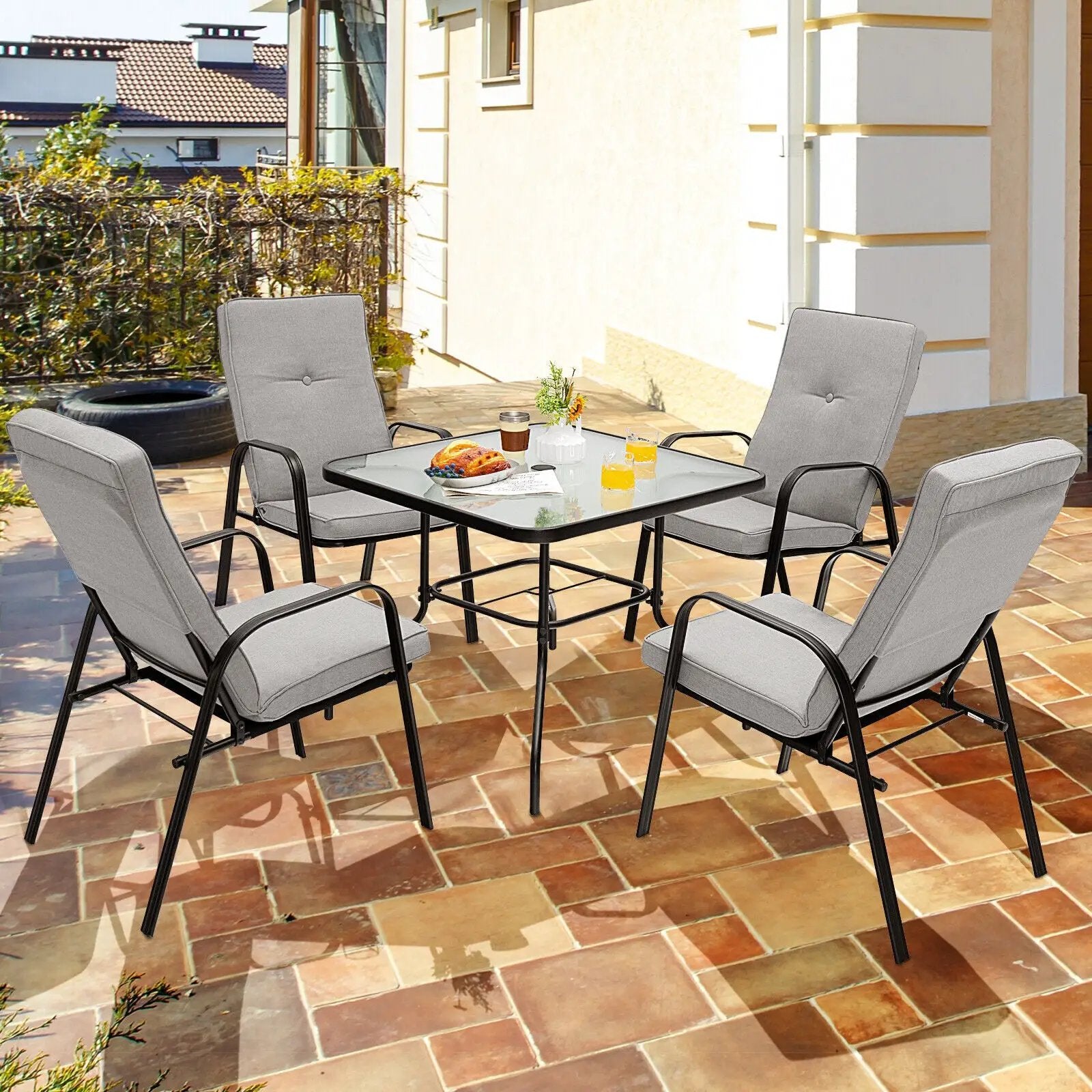4 Patio Dining Stackable Chairs Set with High-Back Cushions by DirectDeals