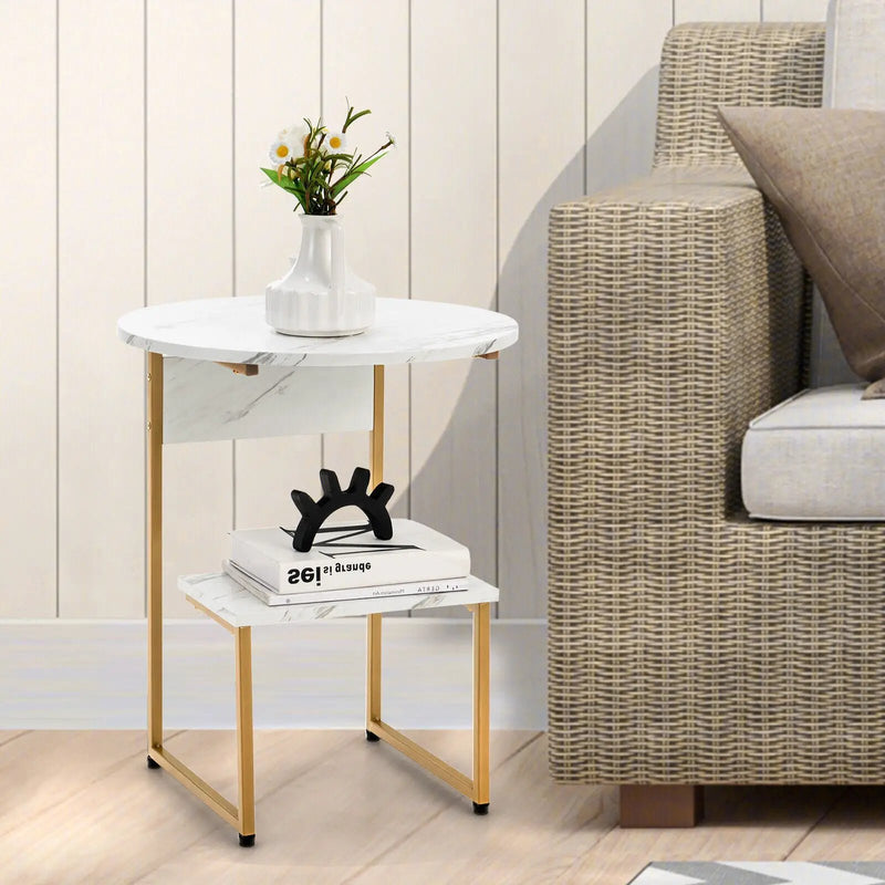 2-Tier Round End Beside Table with Metal Frame-White by DirectDeals