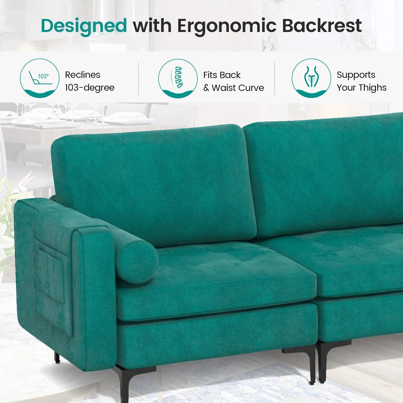 3-Seat Modular Sofa with Storage Pocket and Metal Legs by DirectDeals
