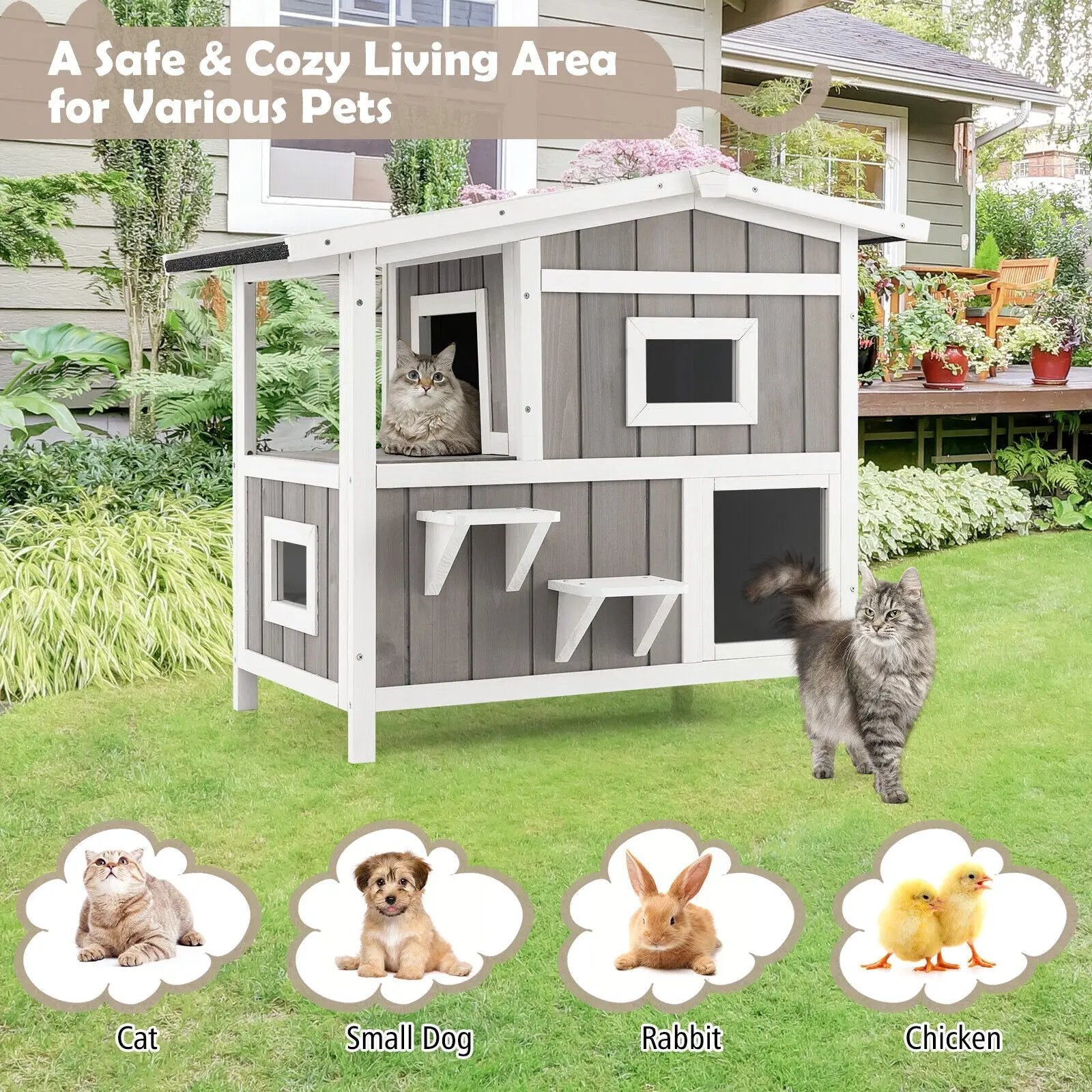 Outdoor 2-Story Wooden Feral Cat House with Escape Door-Gray by DirectDeals