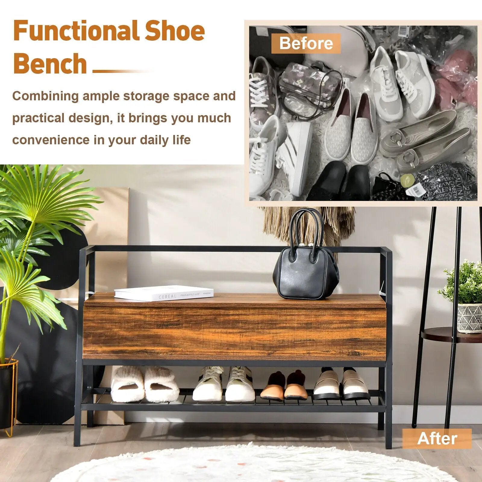 Industrial Shoe Bench with Storage Space and Metal Handrail-Rustic Brown by DirectDeals