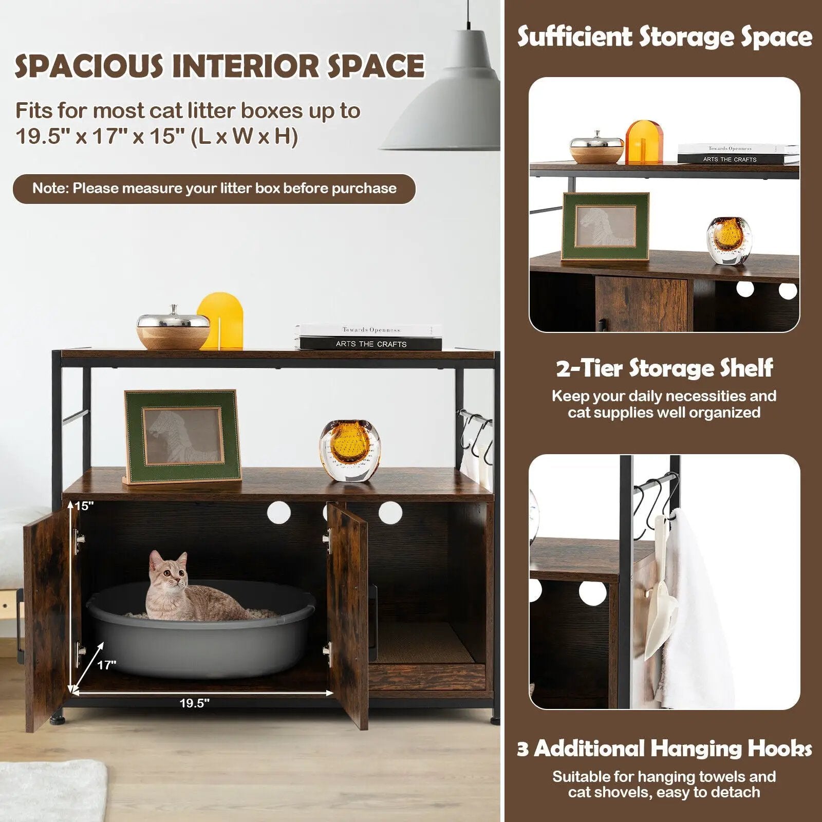 Wooden Cat Box Cabinet with with Metal Frame and Scratching Pad-Rustic Brown by DirectDeals