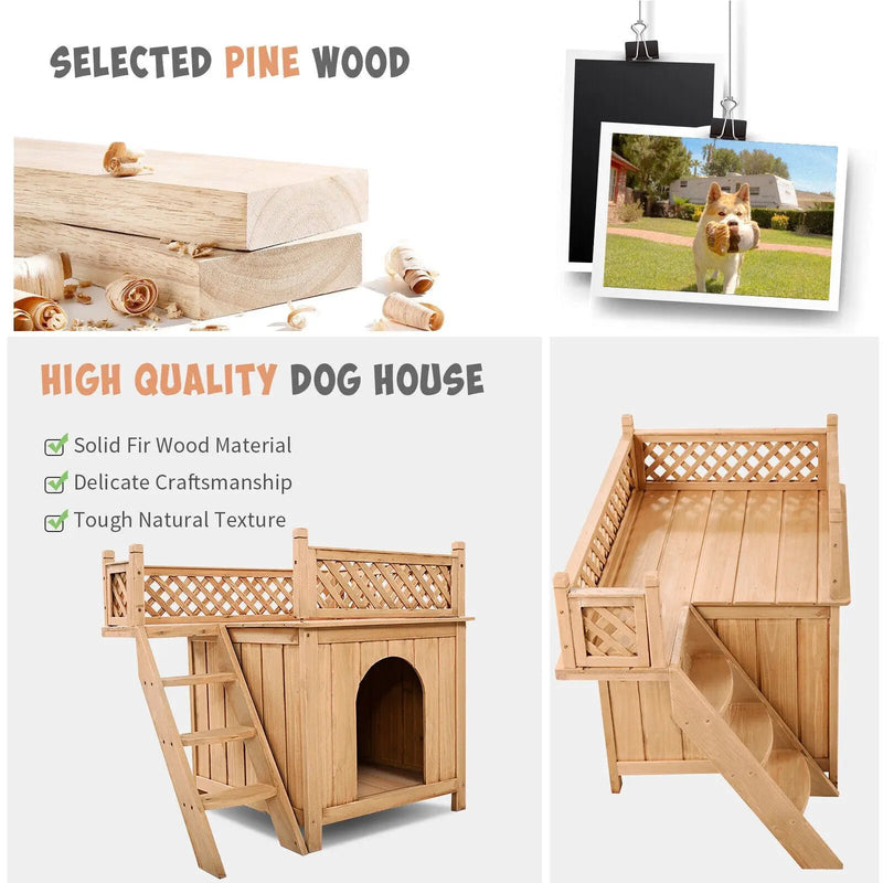 Wooden Dog House with Stairs and Raised Balcony for Puppy and Cat by DirectDeals