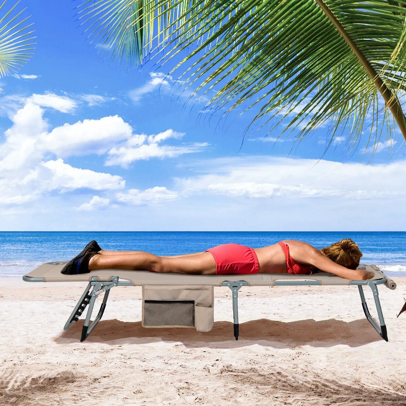 5-position Outdoor Folding Chaise Lounge Chair-Beige by DirectDeals