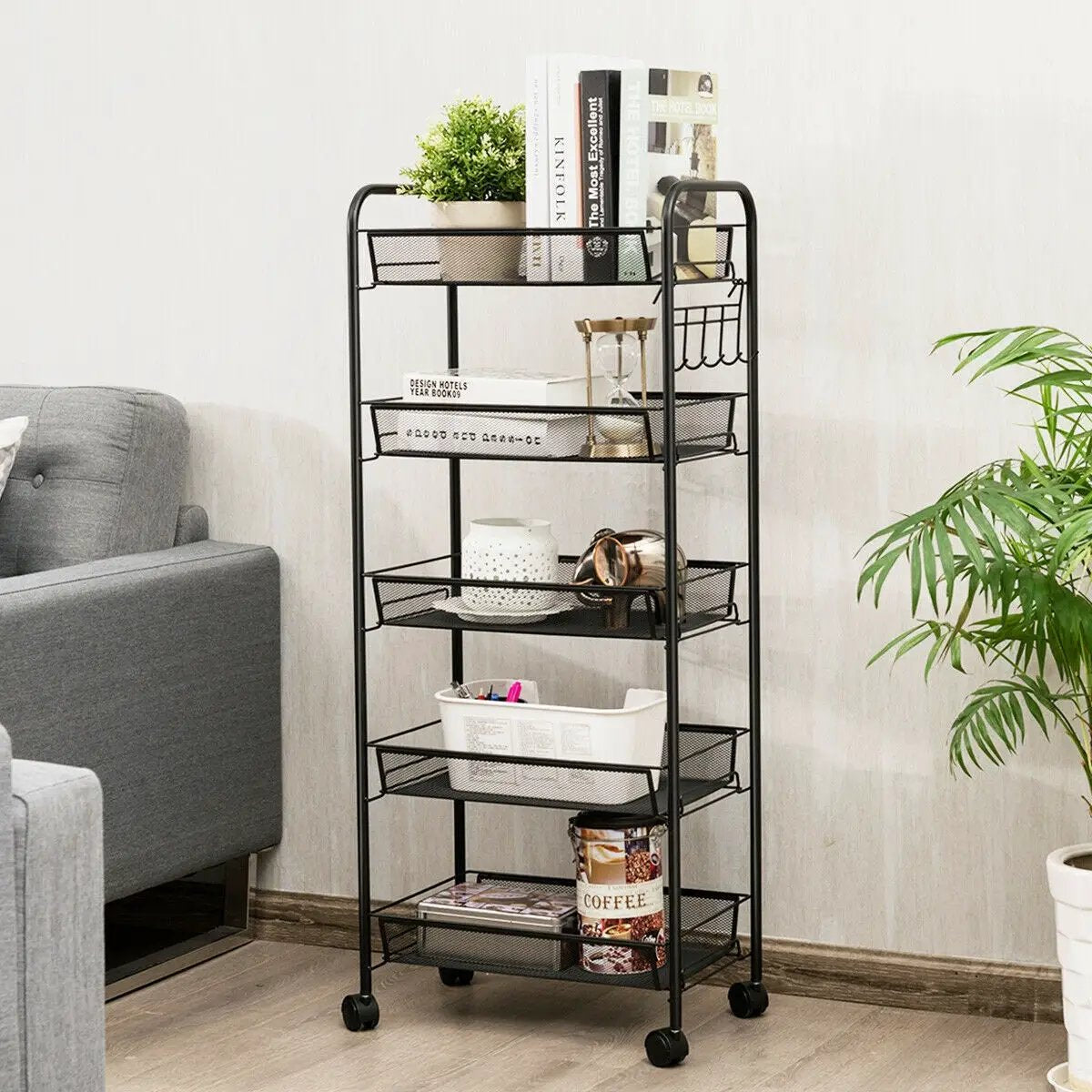 5 Tier Mesh Rolling File Utility Cart Storage Basket-Black by DirectDeals
