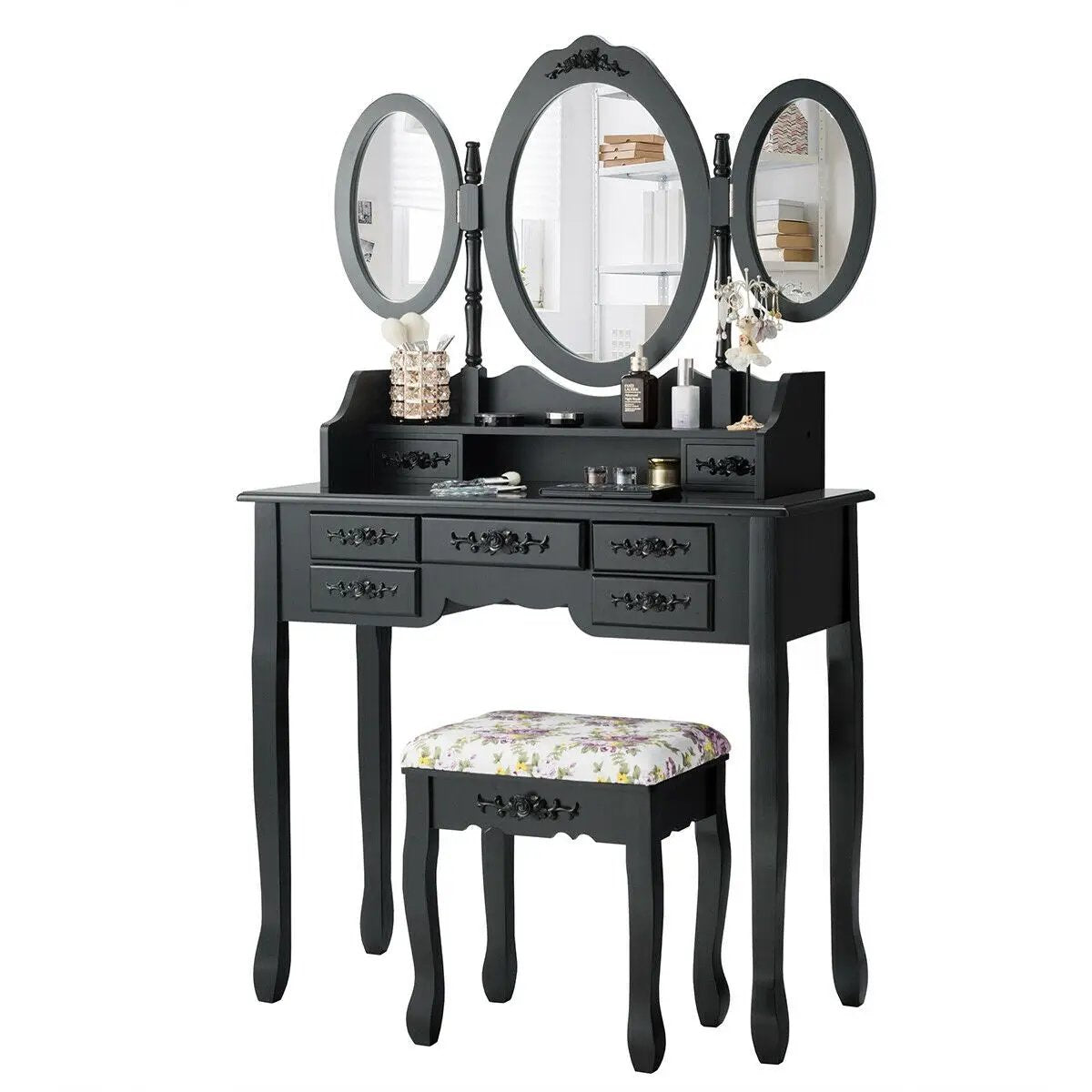 7 Drawer Tri-Folding Mirror Dressing Vanity Makeup Set by DirectDeals