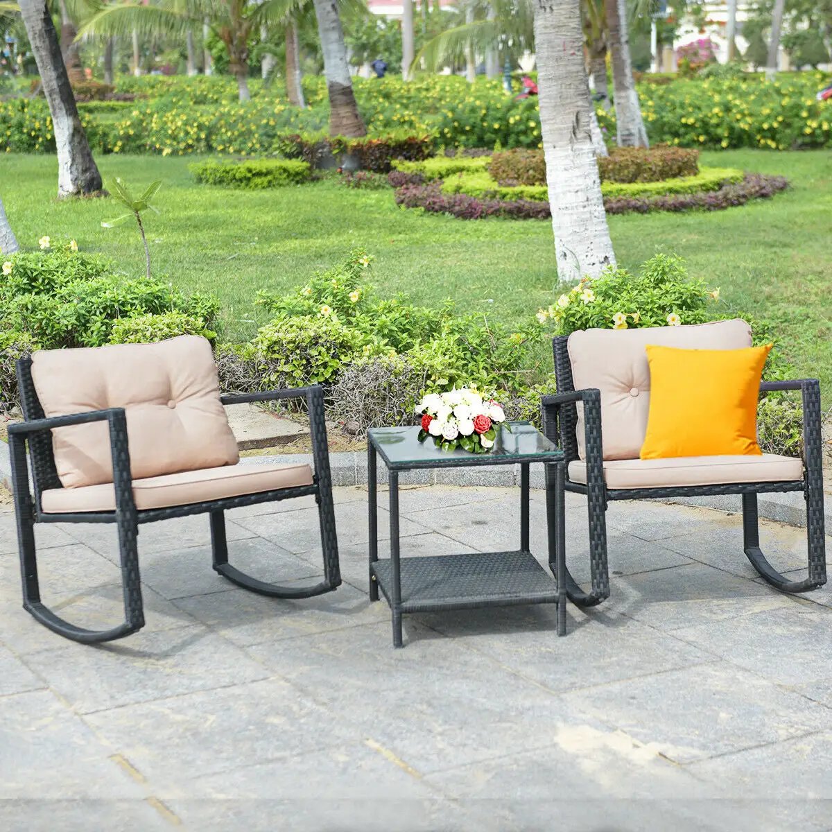 3 Pieces Cushioned Patio Rattan Set with Rocking Chair and Table-Black by DirectDeals