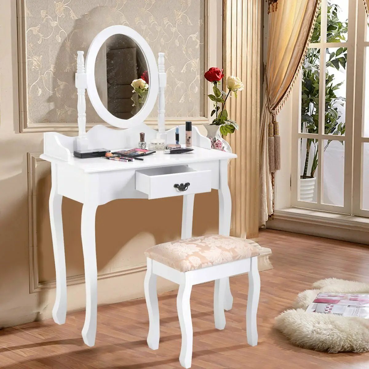 Wooden Vanity Makeup Set with Cushioned Stool and Oval Rotating Mirror by DirectDeals