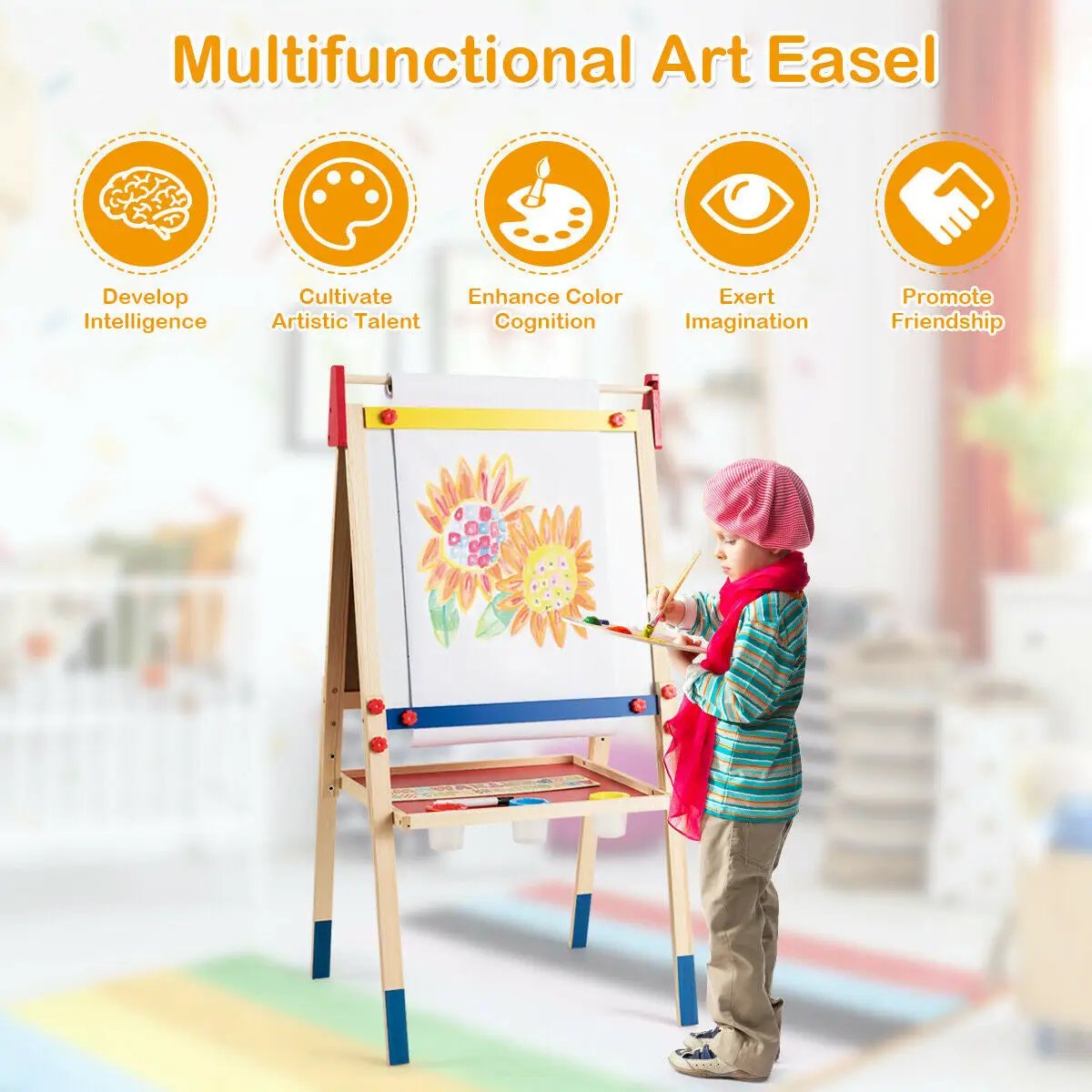 All-in-One Wooden Height Adjustable Kid's Art Easel with Magnetic Stickers and Paper by DirectDeals