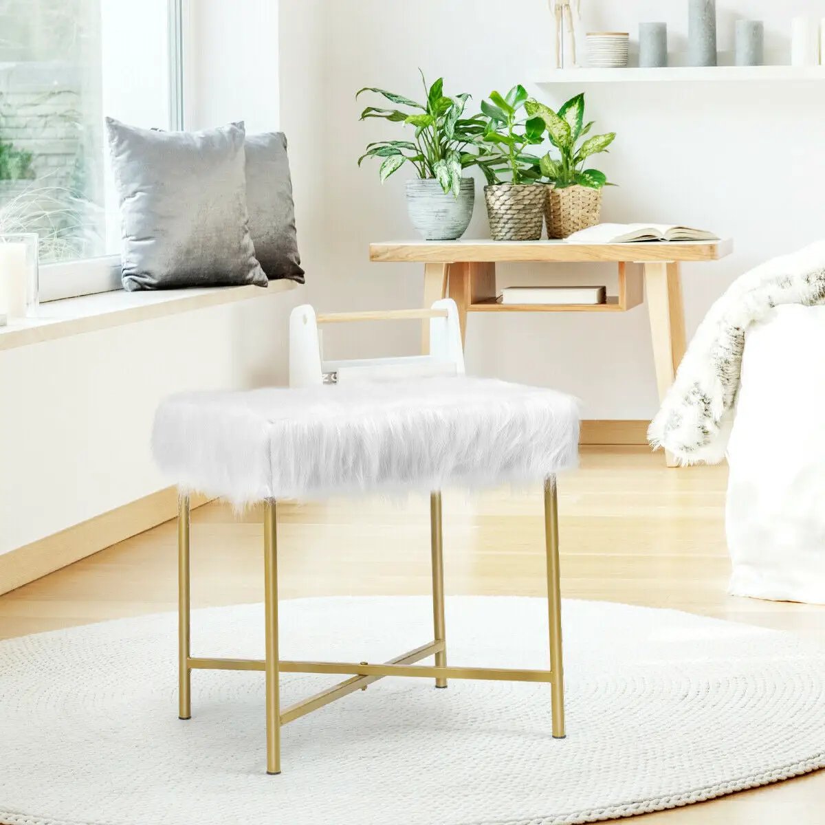 Faux Fur Ottoman Decorative Stool with Metal Legs by DirectDeals