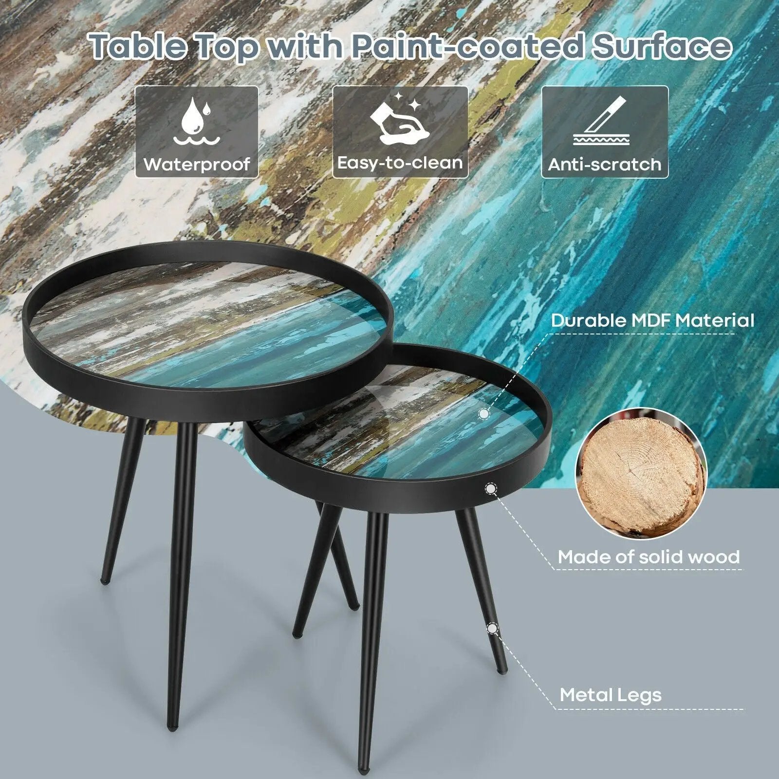 Set of 2 Stylish Nesting End Tables with Wooden Tray Top and Steel Legs-Black by DirectDeals