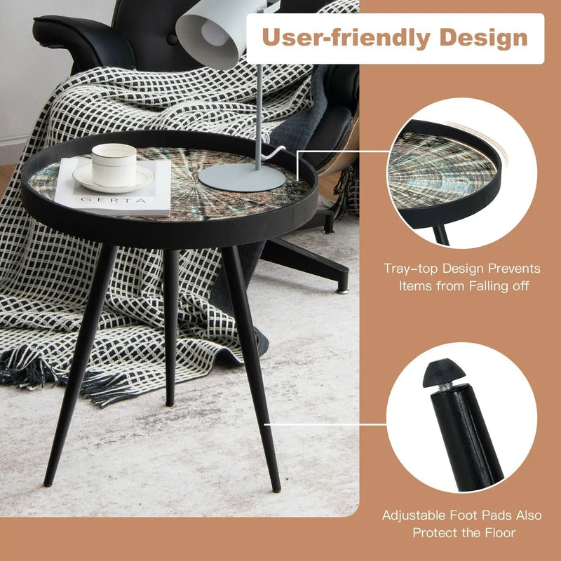 Modern Round End Table with Wooden Tray Top for Living Room Bedroom-Black by DirectDeals
