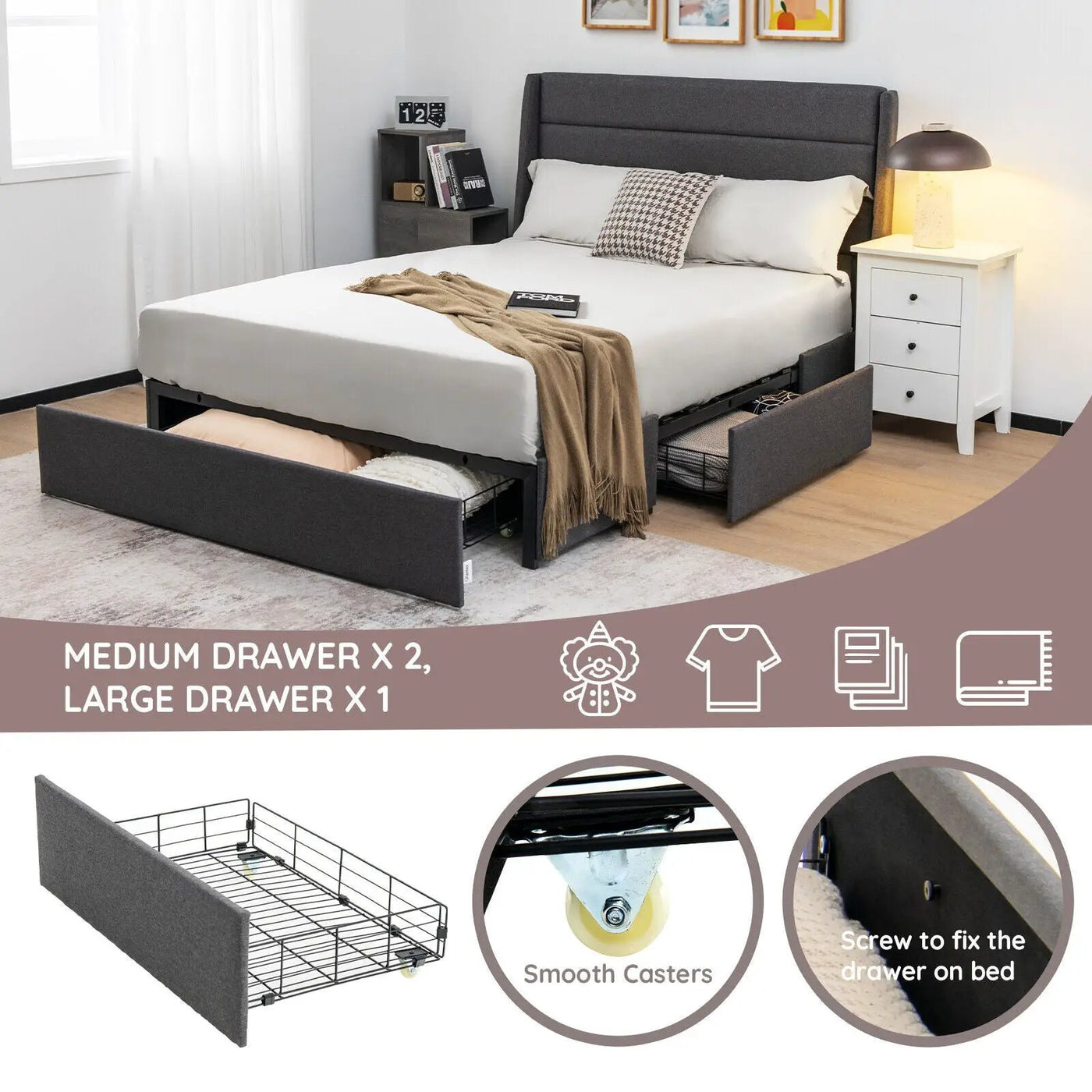 Upholstered Platform Bed Frame with 3 Storage Drawers by DirectDeals