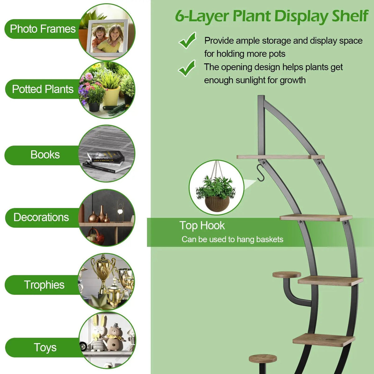 6-Tier 9 Potted Metal Plant Stand Holder Display Shelf with Hook-White by DirectDeals