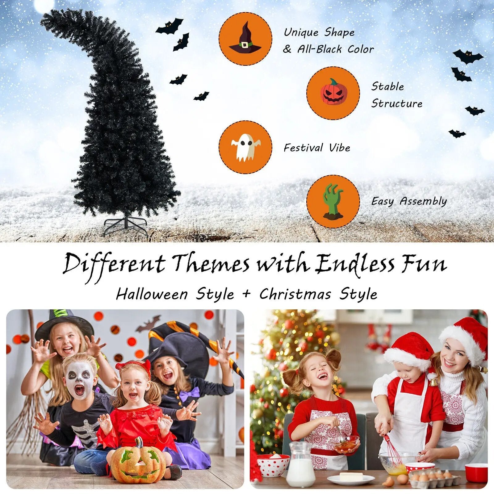 7 Feet Pre-Lit Black Halloween Tree with 8 Flash Modes and 400 Lights by DirectDeals