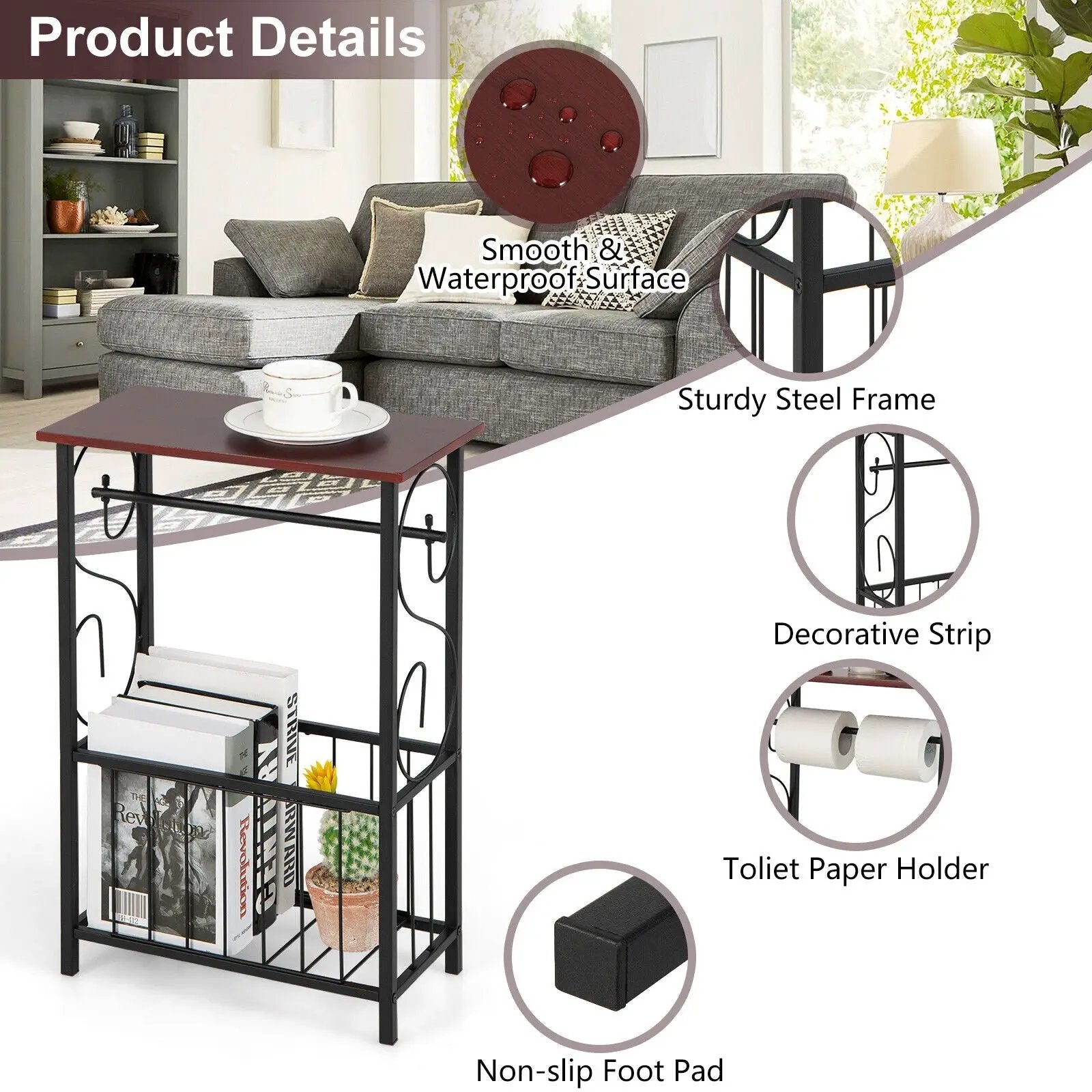 Side Sofa Narrow Table with Removable Paper Holder for Living Room-Brown by DirectDeals