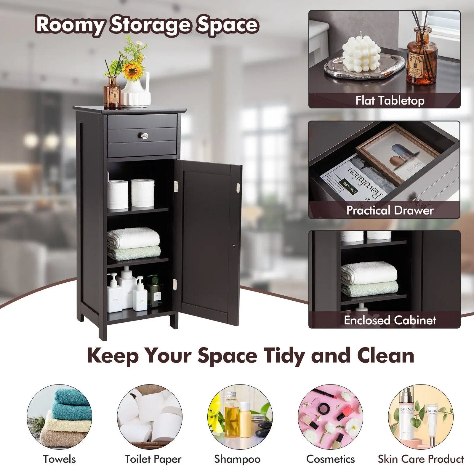 Wooden Bathroom Floor Storage Cabinet with Drawer and Shelf by DirectDeals