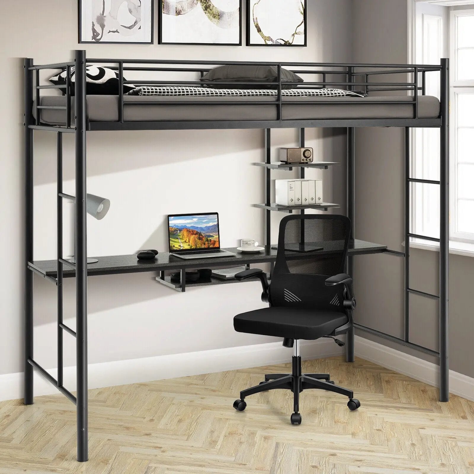 Twin Size Loft Bunk Bed with Desk Storage Shelf and Full Length Ladders-Black by DirectDeals