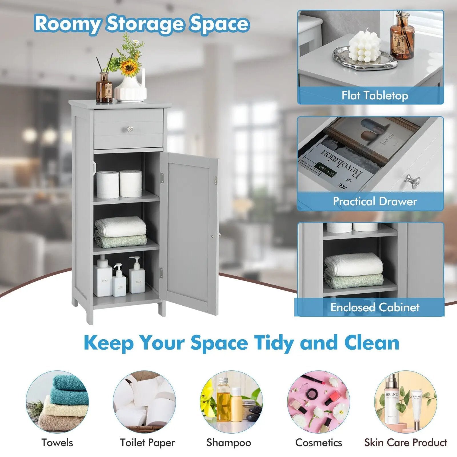Wooden Bathroom Floor Storage Cabinet with Drawer and Shelf by DirectDeals