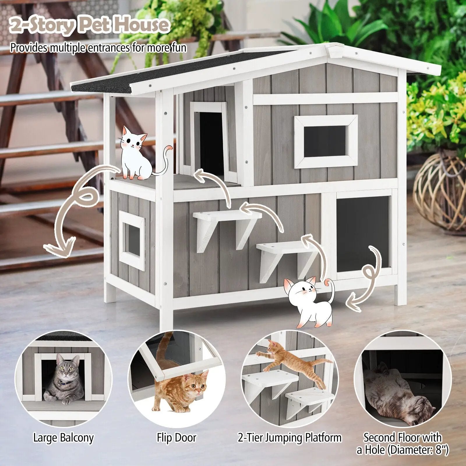 Outdoor 2-Story Wooden Feral Cat House with Escape Door-Gray by DirectDeals