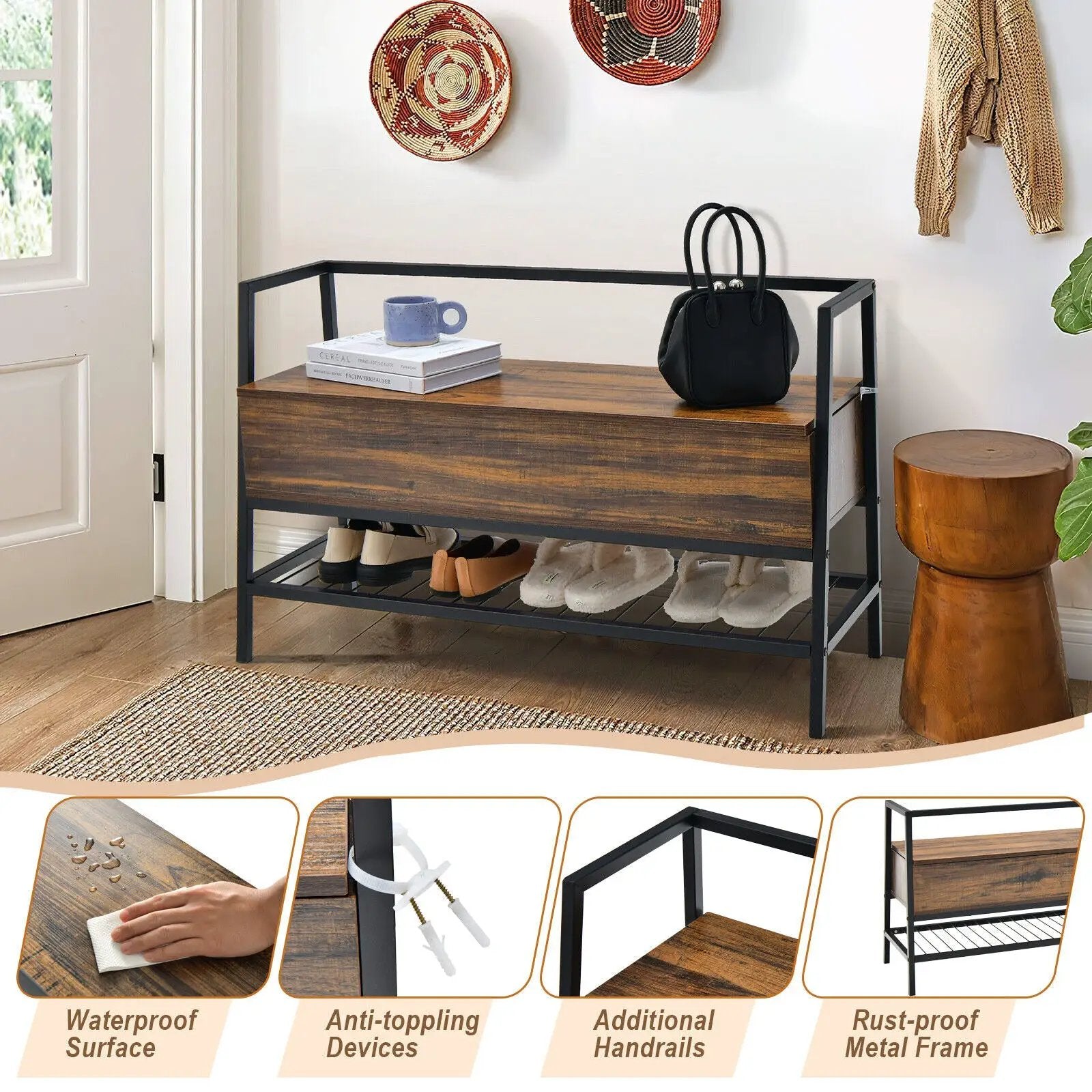 Industrial Shoe Bench with Storage Space and Metal Handrail-Rustic Brown by DirectDeals
