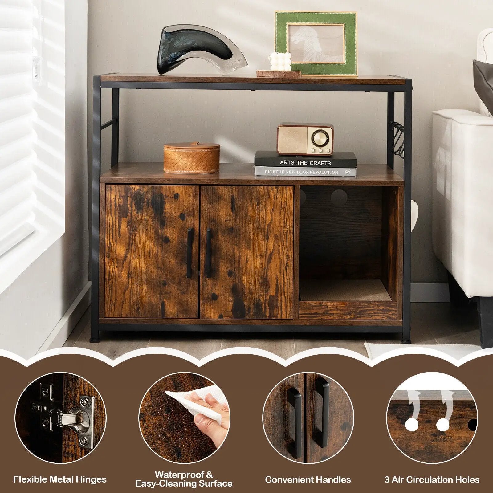 Wooden Cat Box Cabinet with with Metal Frame and Scratching Pad-Rustic Brown by DirectDeals