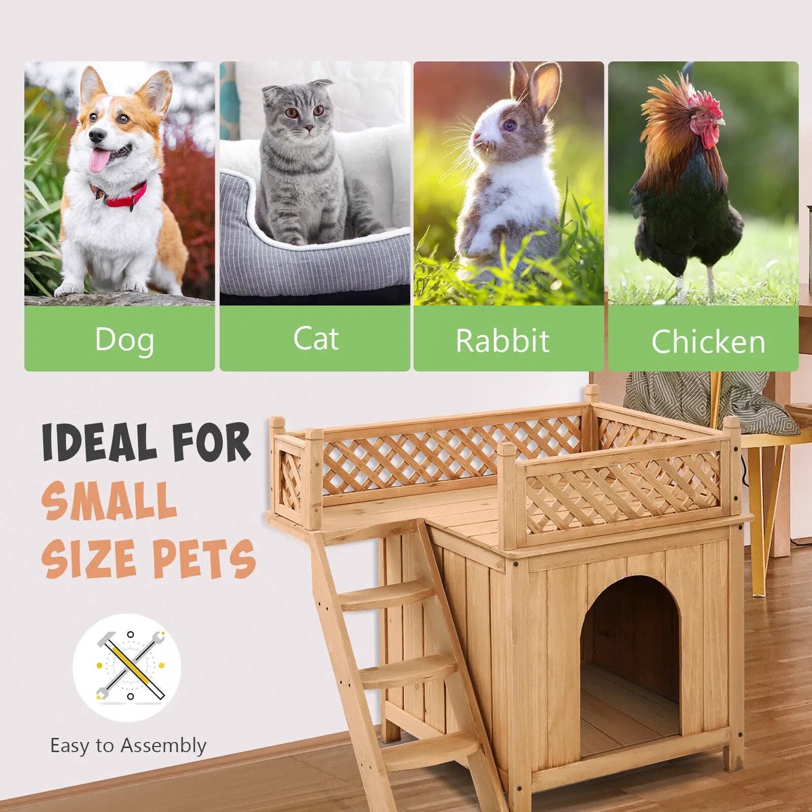 Wooden Dog House with Stairs and Raised Balcony for Puppy and Cat by DirectDeals