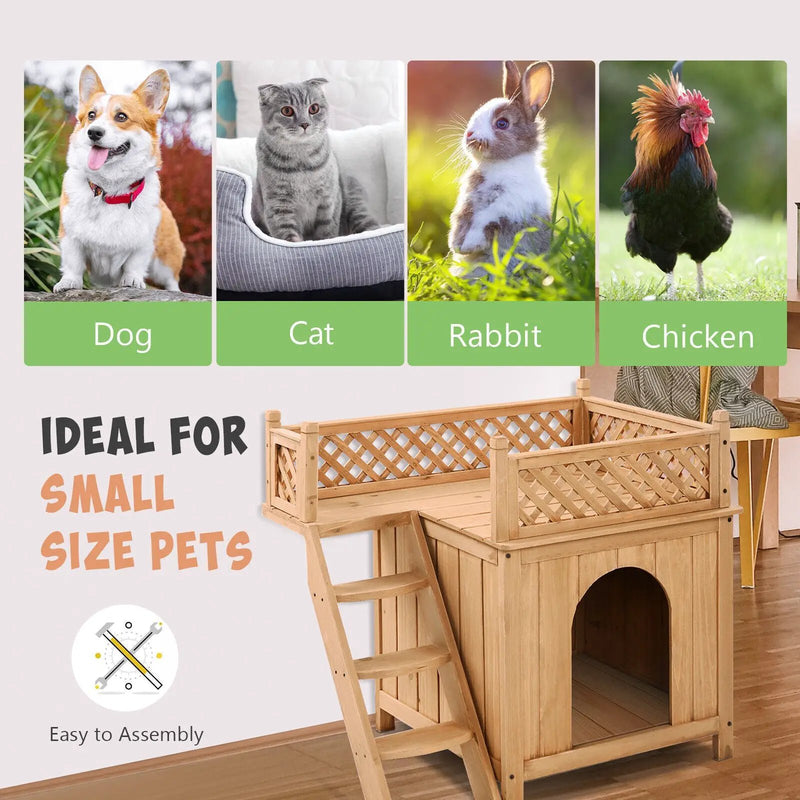 Wooden Dog House with Stairs and Raised Balcony for Puppy and Cat by DirectDeals