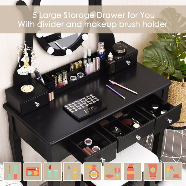 10 Dimmable Lights Vanity Table Set with Lighted Mirror and Cushioned Stool, photo 2 of 10