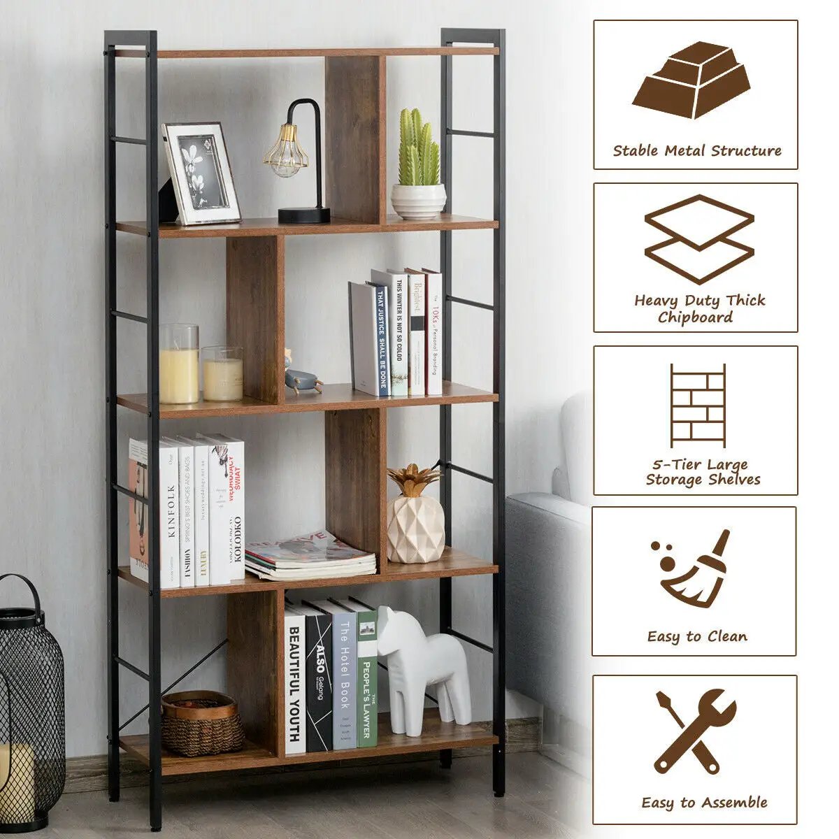 4-Tier Industrial Freestanding Bookshelf with Metal Frame by DirectDeals