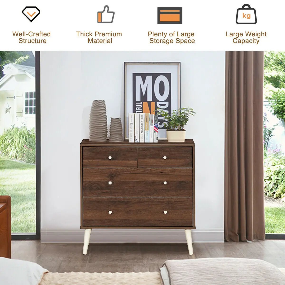 4-Drawer Dresser Cabinet Storage Organizer Rubber Leg with Rail-Brown by DirectDeals