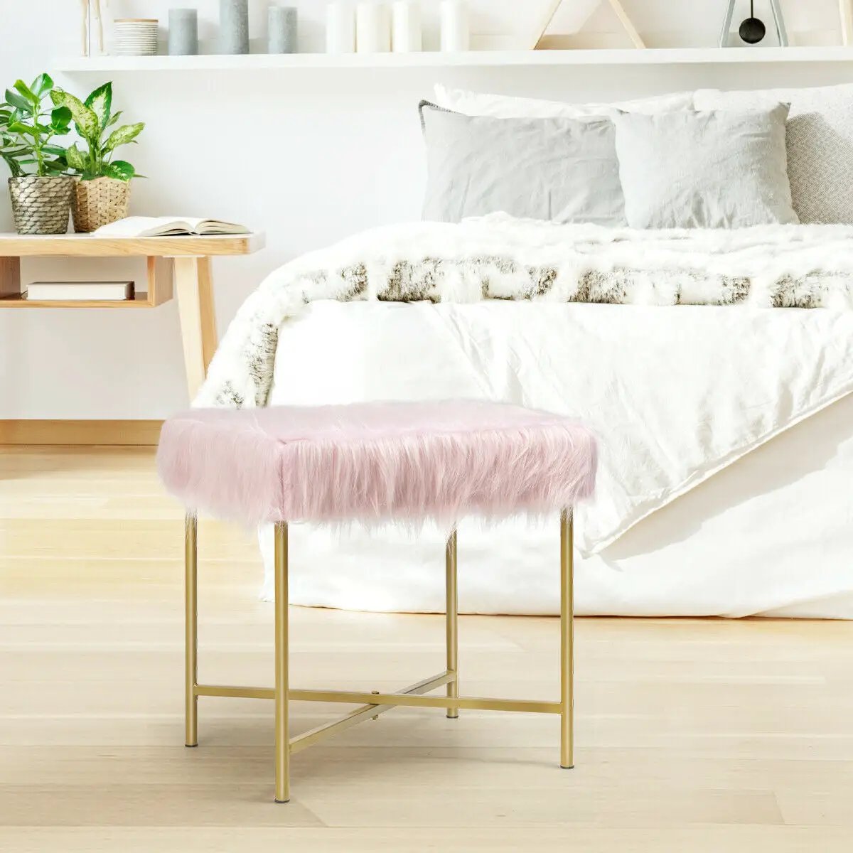 Faux Fur Ottoman Decorative Stool with Metal Legs by DirectDeals