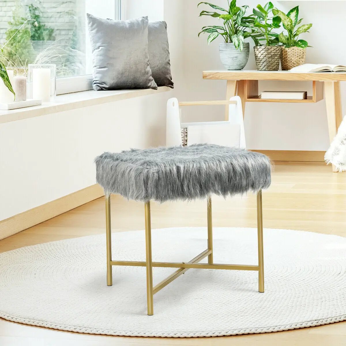 Faux Fur Ottoman Decorative Stool with Metal Legs by DirectDeals