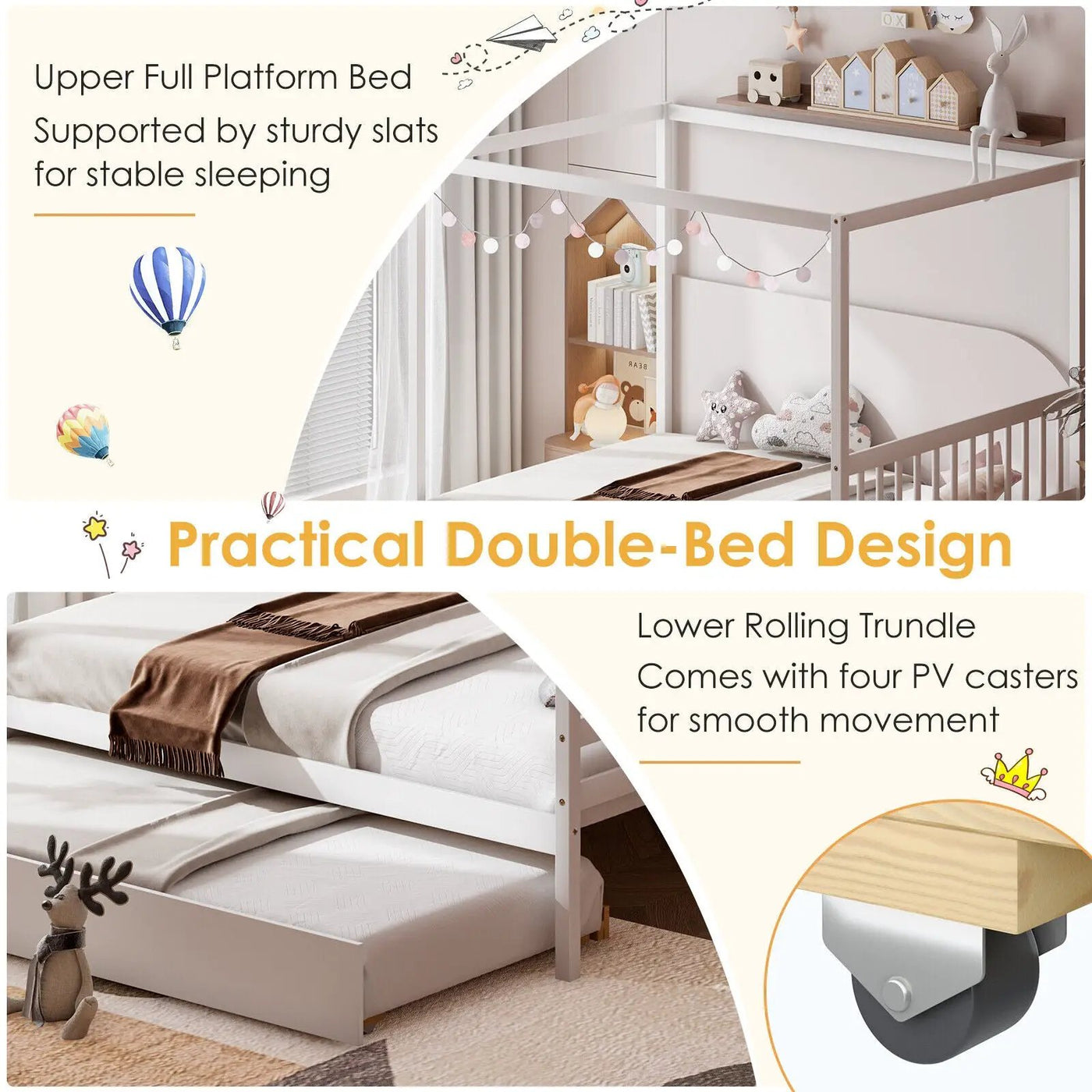Full Size Canopy Bed with Trundle Wooden Platform Bed Frame Headboard by DirectDeals