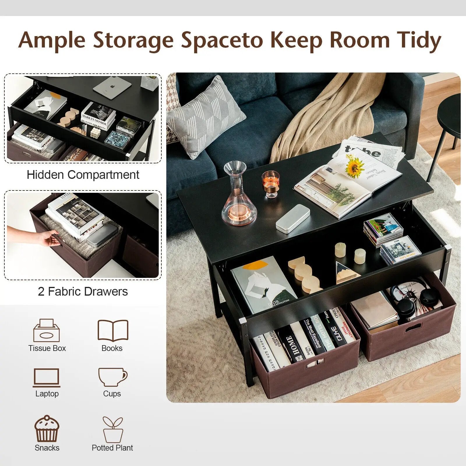 Lift Top Coffee Table Central Table with Drawers and Hidden Compartment for Living Room by DirectDeals
