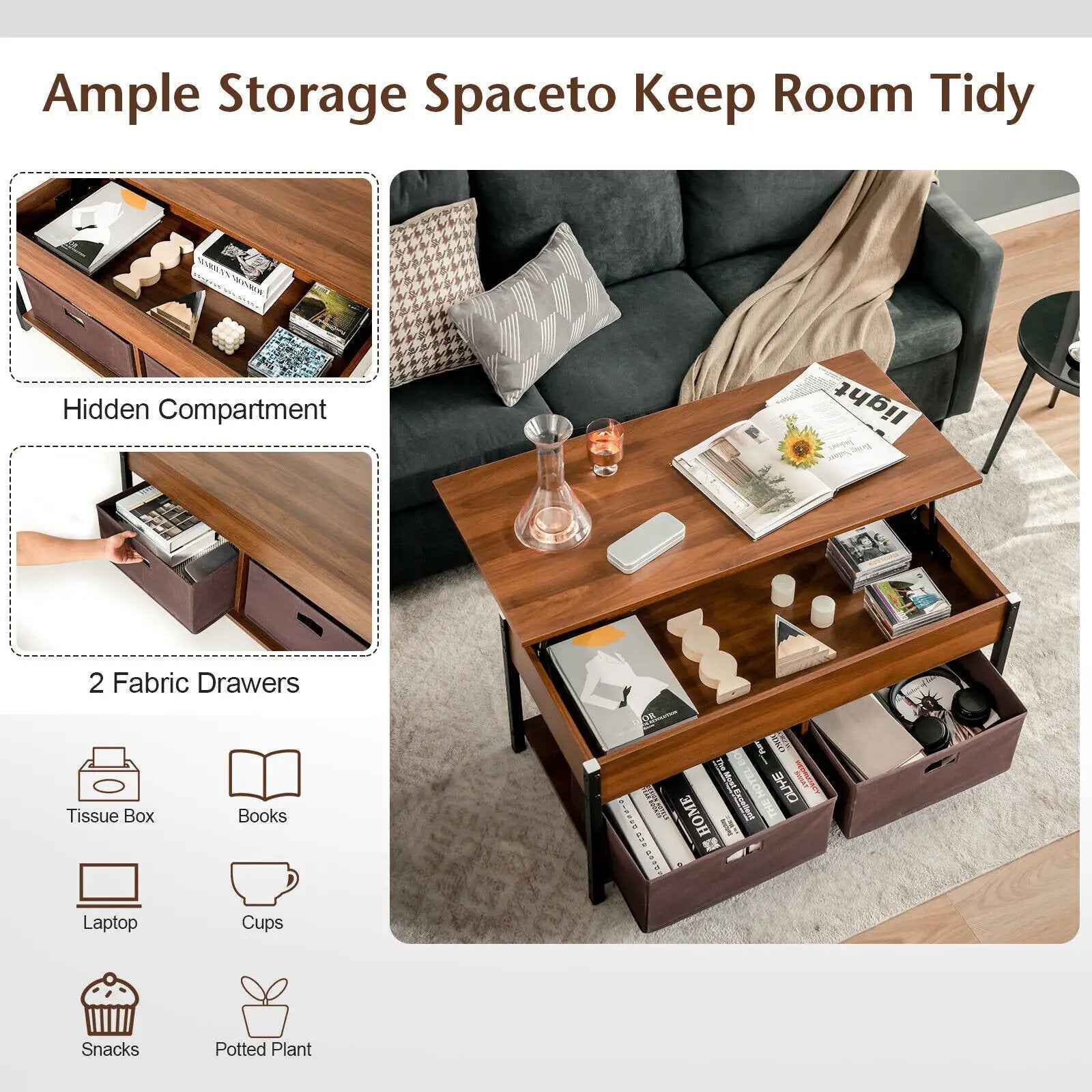 Lift Top Coffee Table Central Table with Drawers and Hidden Compartment for Living Room by DirectDeals