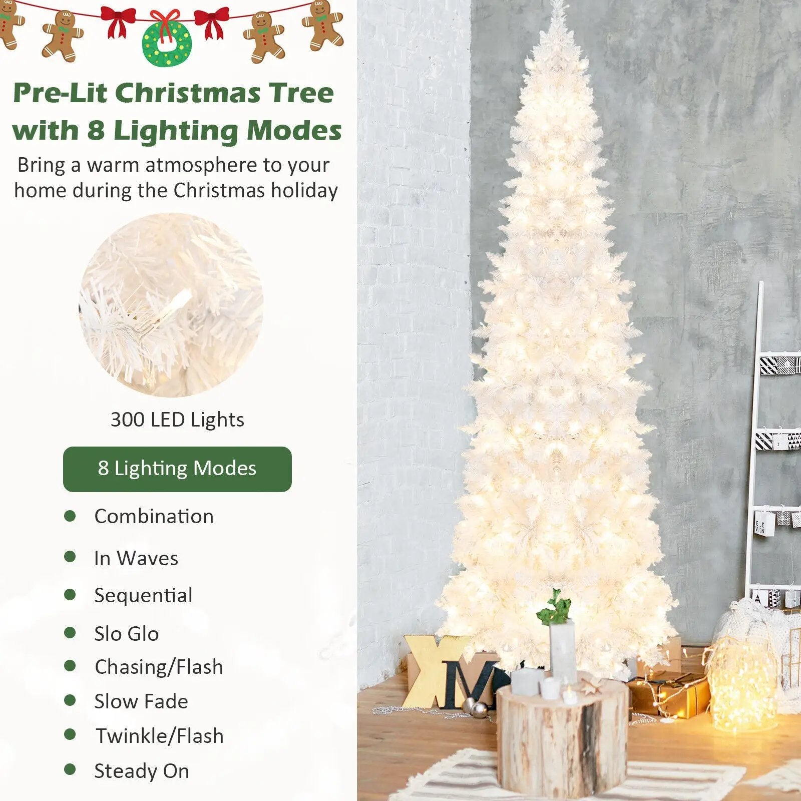 7 Feet Pre-Lit Hinged Pencil Christmas Tree White with 300 LED Lights and 8 Flash Modes by DirectDeals