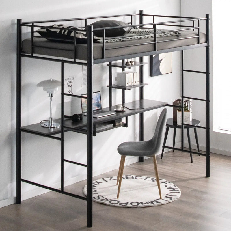 Twin Size Loft Bunk Bed with Desk Storage Shelf and Full Length Ladders-Black by DirectDeals