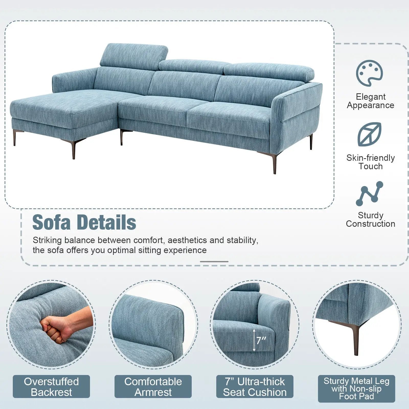 105 Inch L-Shaped Sofa Couch with 3 Adjustable Headrests-Blue by DirectDeals