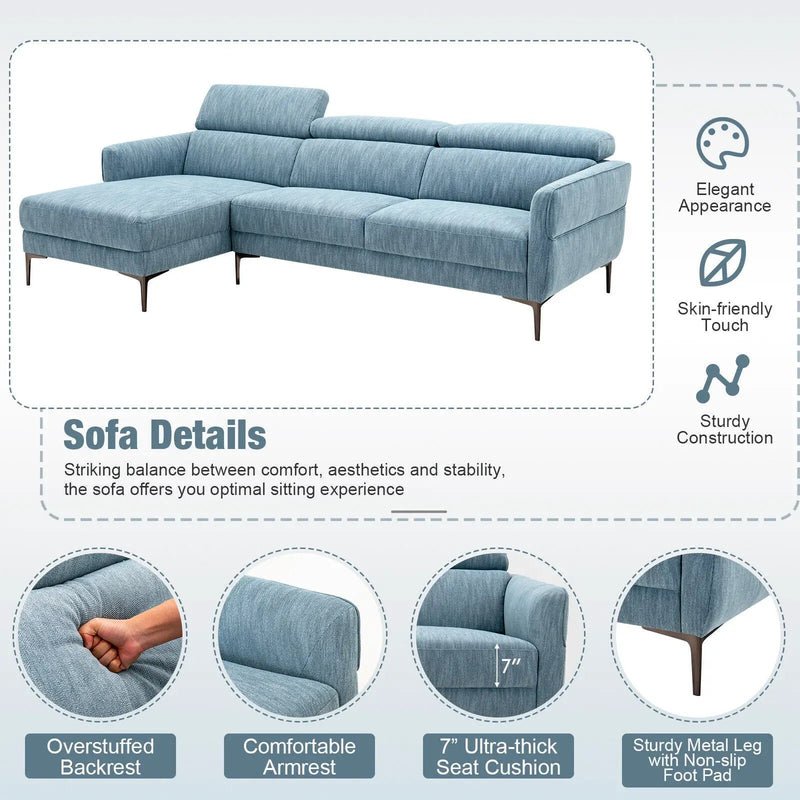 105 Inch L-Shaped Sofa Couch with 3 Adjustable Headrests-Blue by DirectDeals