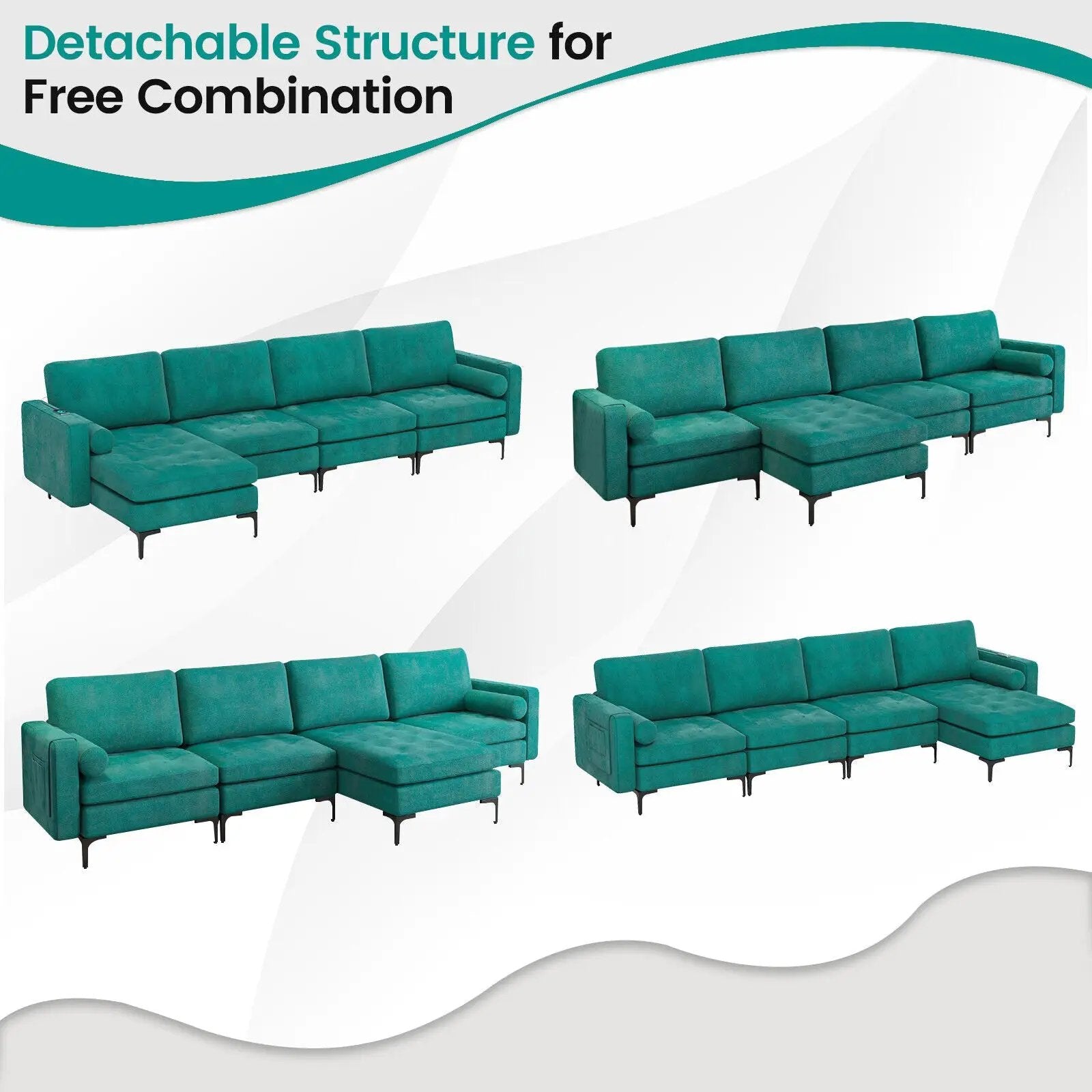 Modular L-shaped 4-Seat Sectional Sofa with Reversible Chaise and 2 USB Socket by DirectDeals