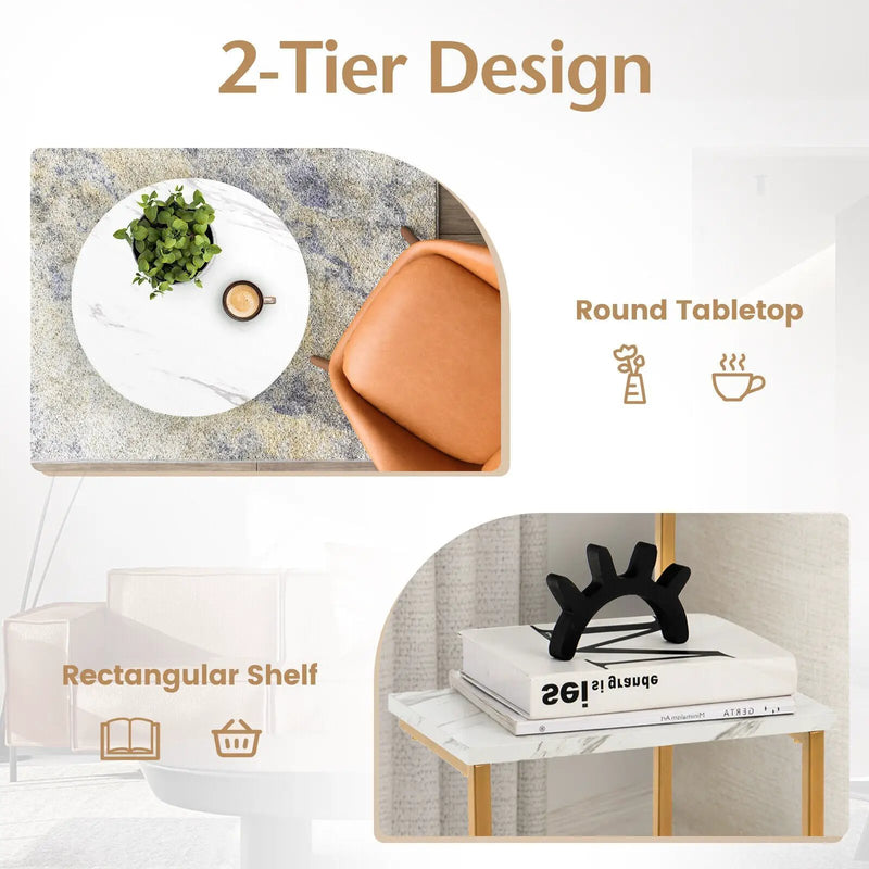 2-Tier Round End Beside Table with Metal Frame-White by DirectDeals