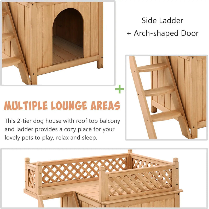 Wooden Dog House with Stairs and Raised Balcony for Puppy and Cat by DirectDeals