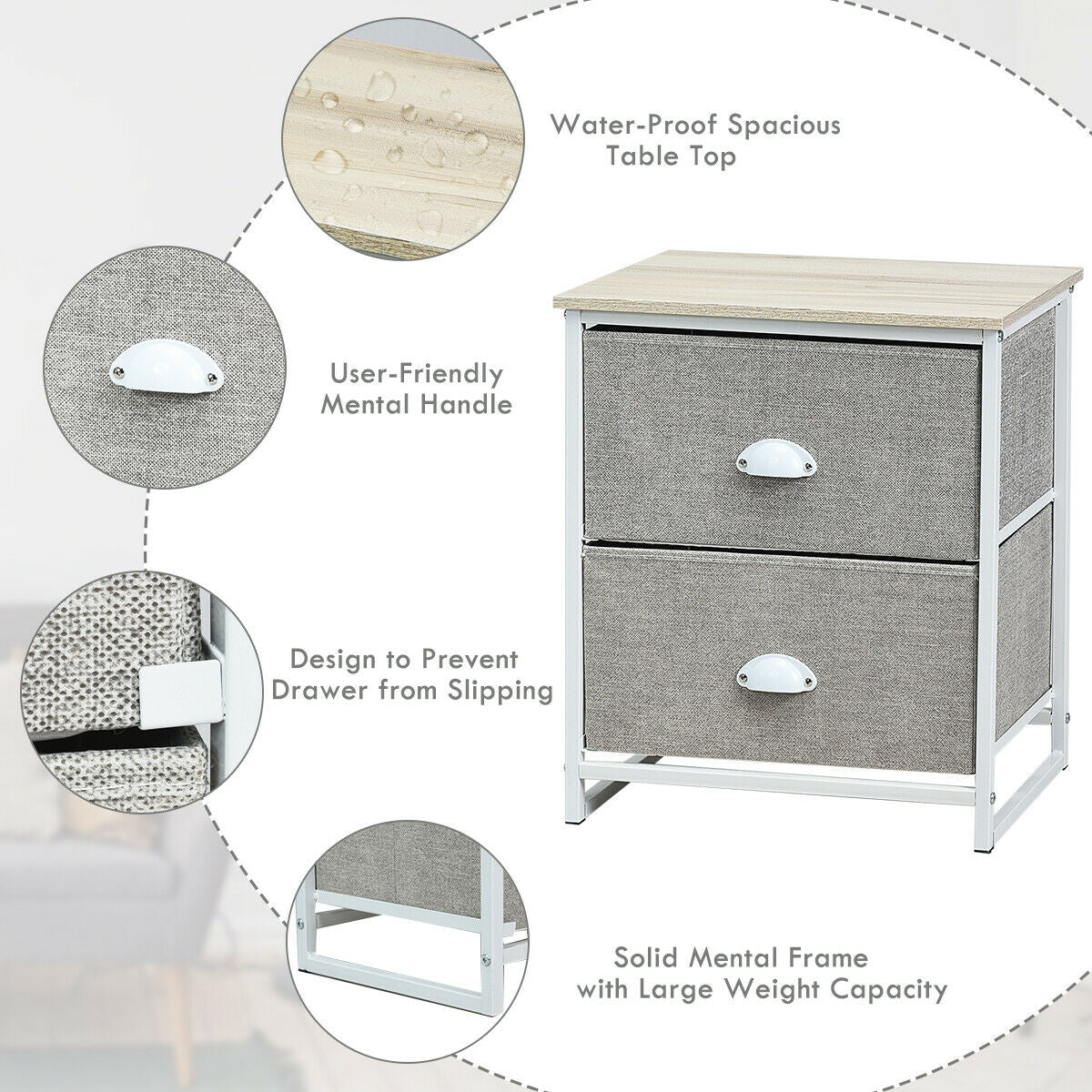 Metal Frame Nightstand Side Table Storage with 2 Drawers-Gray by DirectDeals