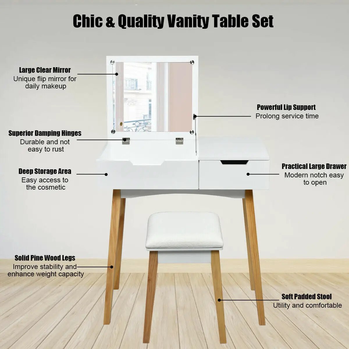Wooden Vanity Table with Flip Top Mirror and Cushioned Stool by DirectDeals