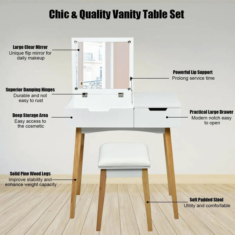 Wooden Vanity Table with Flip Top Mirror and Cushioned Stool by DirectDeals