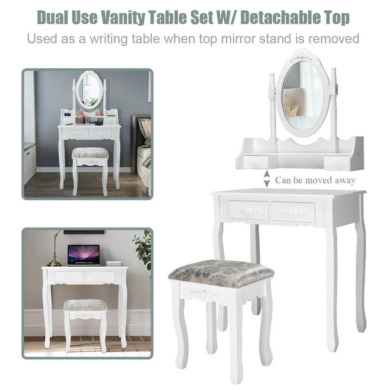Vanity Table Set with Oval Mirror and 4 Drawers-White by DirectDeals
