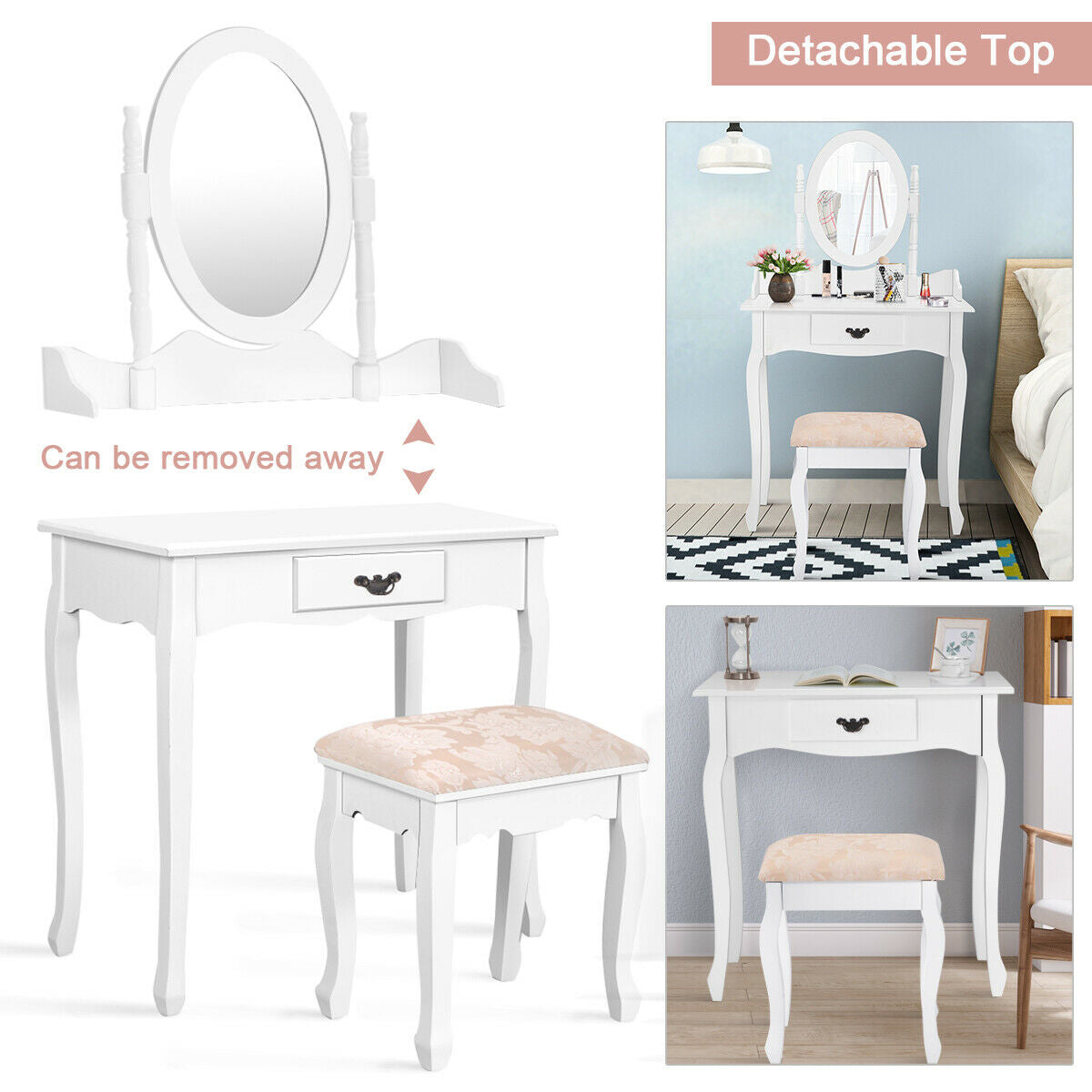 Wooden Vanity Makeup Set with Cushioned Stool and Oval Rotating Mirror by DirectDeals