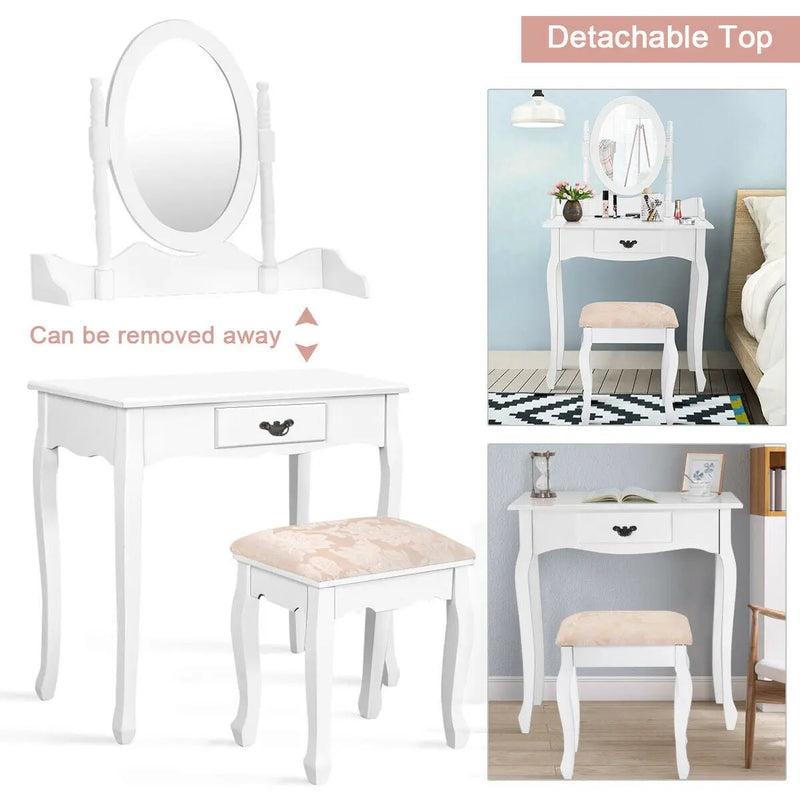Wooden Vanity Makeup Set with Cushioned Stool and Oval Rotating Mirror by DirectDeals
