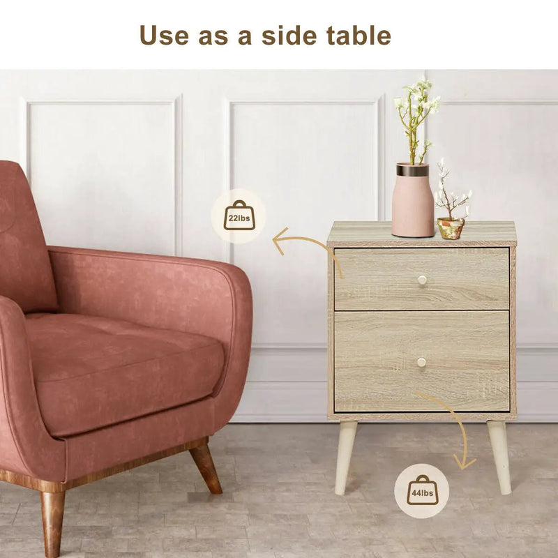 2-Drawer Nightstand Beside End Side Table with Rubber Legs by DirectDeals